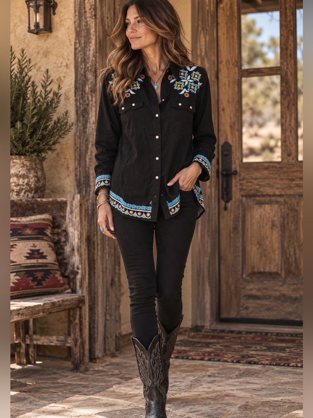 Vintage Goa Black L Embroidered Western Button Down Shirt Boho Southwestern